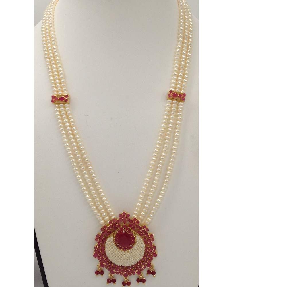 Red cz and pearls ranihaar set with 3 lines flat pearls jps0469 - Image 2