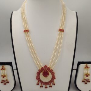 Red cz and pearls ranihaar set with 3 lines flat pearls jps0469