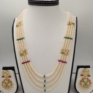Red, Green CZ And Pearls Amritsar Patti Haar Set With 4 Lines Flat Pearls Mala JPS0468