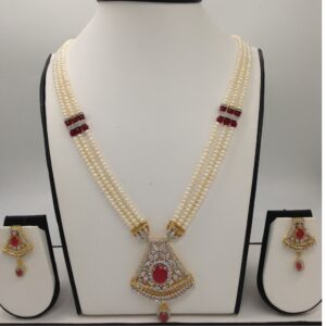 White,red cz ranihaar set with 3 lines flat pearls jps0467