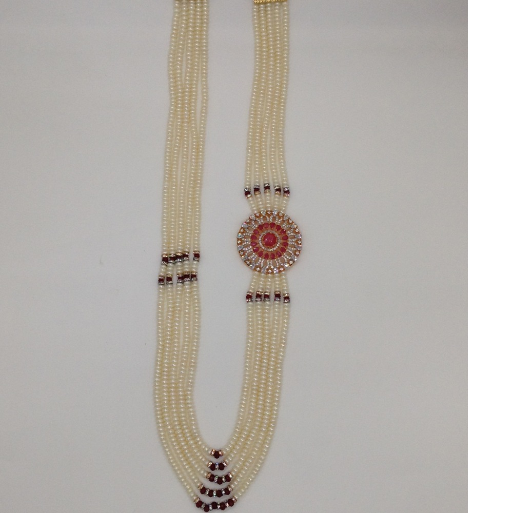 White and red cz brooch set with 5 lines flat pearls mala jps0461 - Image 4