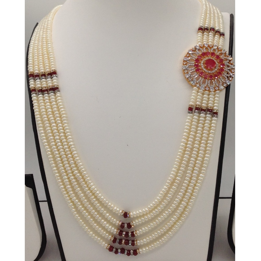 White and red cz brooch set with 5 lines flat pearls mala jps0461 - Image 2