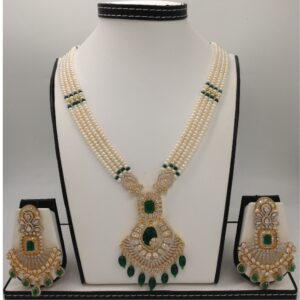 White,green cz ranihaar set with 4 lines flat pearls jps0458