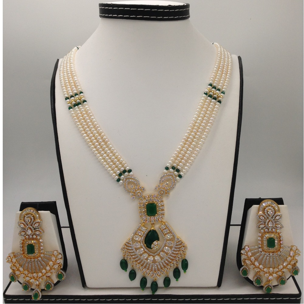 White,green cz ranihaar set with 4 lines flat pearls jps0458