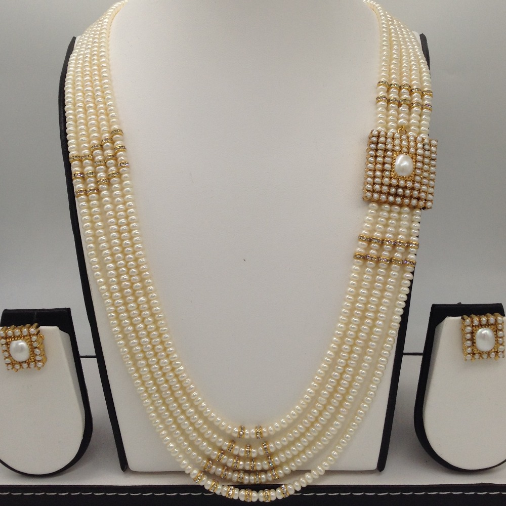 White pearls brooch set with 5 lines flat pearls mala jps0457