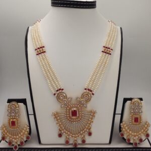 White,red cz ranihaar set with 4 lines flat pearls jps0455
