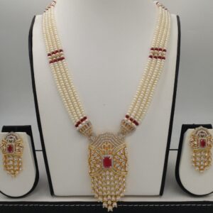 White,red cz ranihaar set with 4 lines flat pearls jps0454