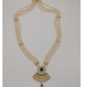 White,green cz rani haar set with 4 lines flat pearls jps0453