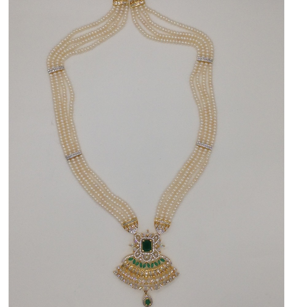 White,green cz rani haar set with 4 lines flat pearls jps0453