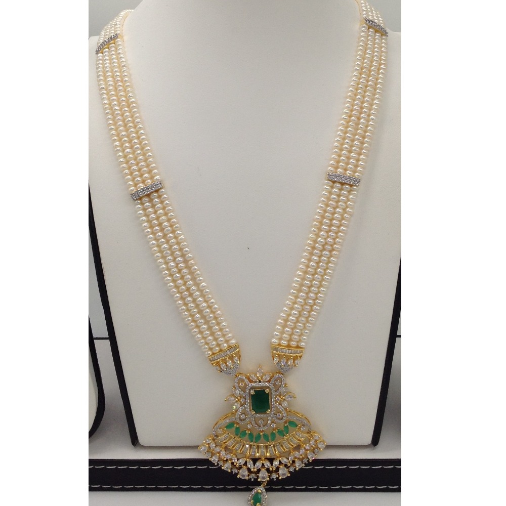 White,green cz rani haar set with 4 lines flat pearls jps0453
