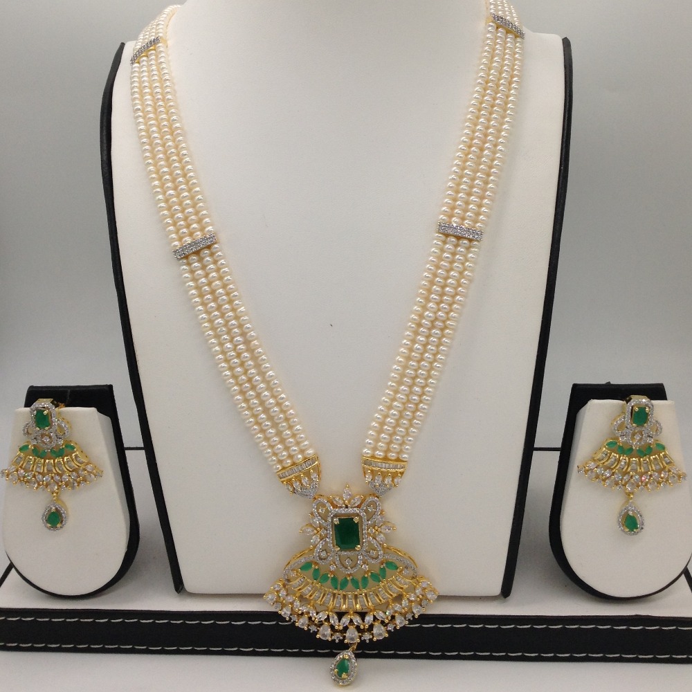 White,green cz rani haar set with 4 lines flat pearls jps0453