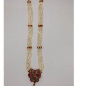 Red green cz ranihaar set with 4 lines flat pearls jps0452