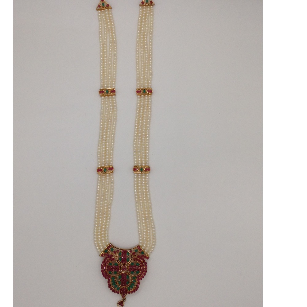 Red green cz ranihaar set with 4 lines flat pearls jps0452