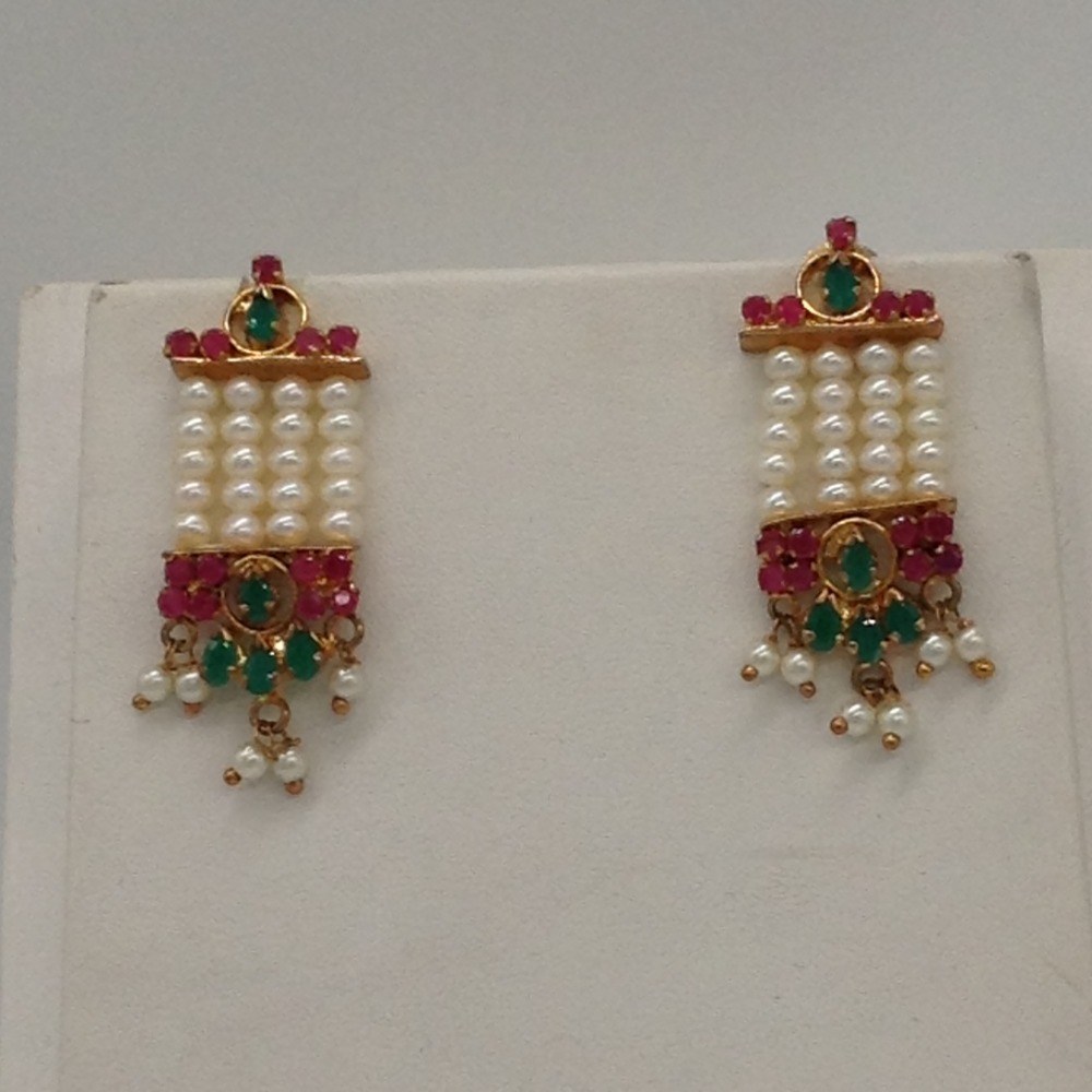 Red green cz ranihaar set with 4 lines flat pearls jps0452