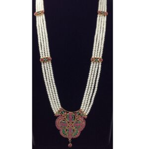 Red green cz ranihaar set with 4 lines flat pearls jps0452