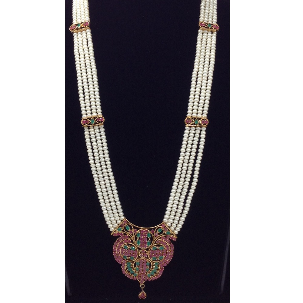 Red green cz ranihaar set with 4 lines flat pearls jps0452