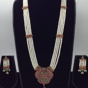 Red green cz ranihaar set with 4 lines flat pearls jps0452