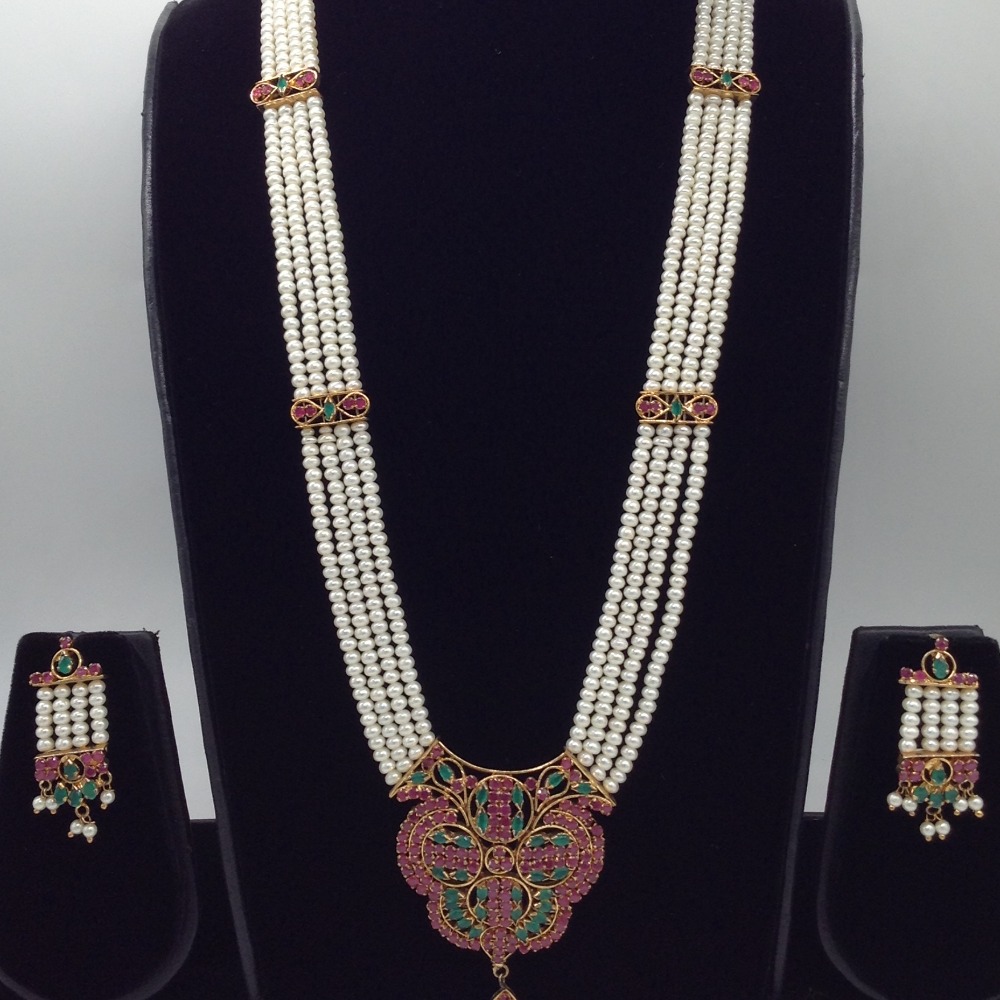 Red green cz ranihaar set with 4 lines flat pearls jps0452
