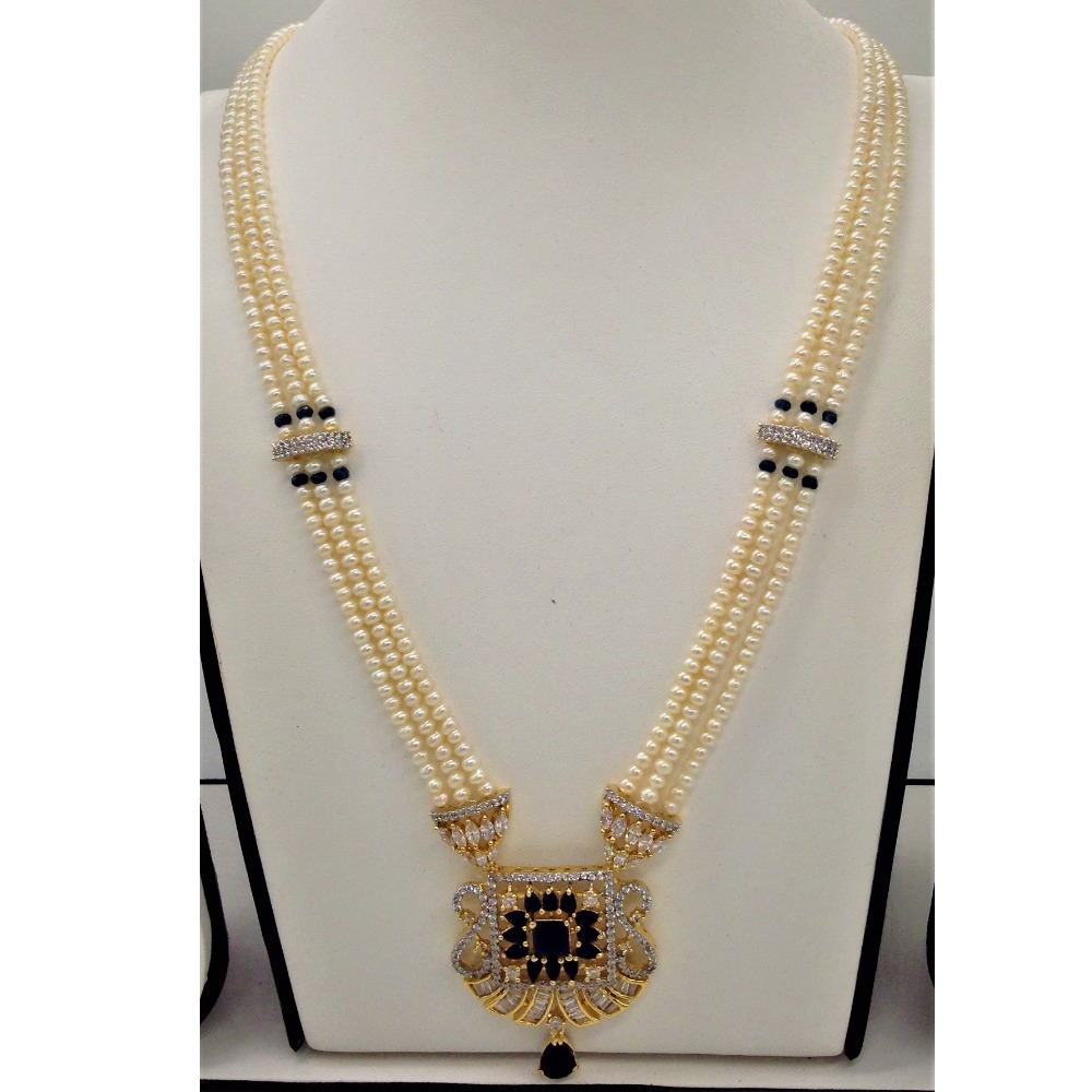 White,blue cz ranihaar set with 3 lines flat pearls jps0449 - Image 2