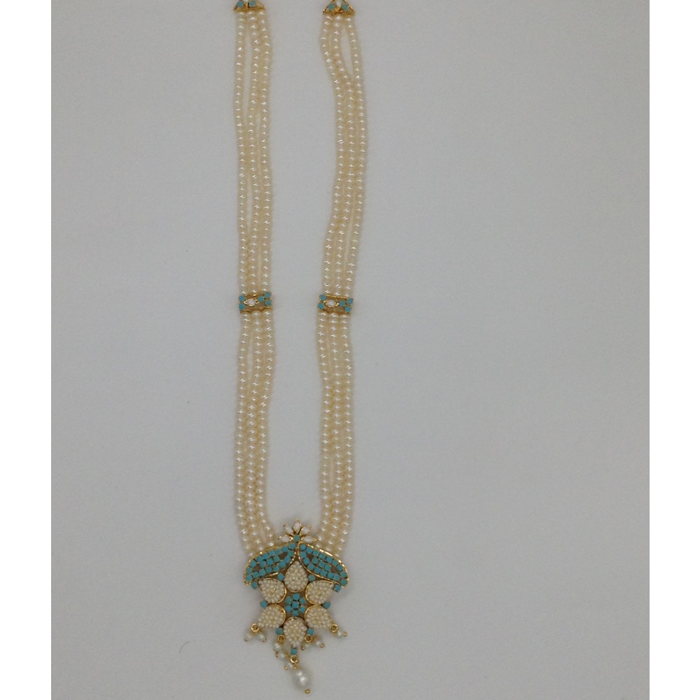 Turquiose and pearls ranihaar set with 3 lines flat pearls jps0448