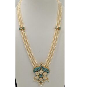 Turquiose and pearls ranihaar set with 3 lines flat pearls jps0448