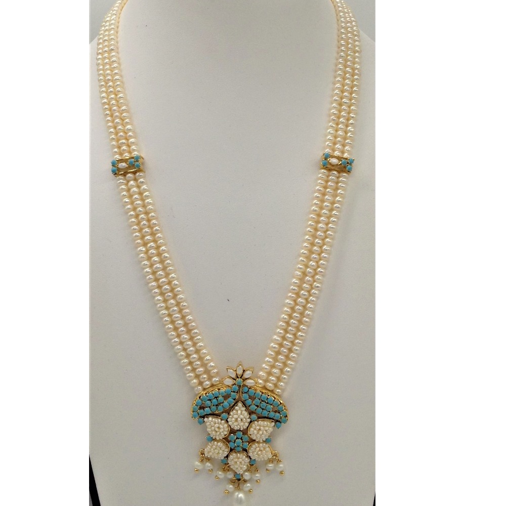 Turquiose and pearls ranihaar set with 3 lines flat pearls jps0448