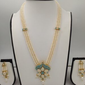 Turquiose and pearls ranihaar set with 3 lines flat pearls jps0448