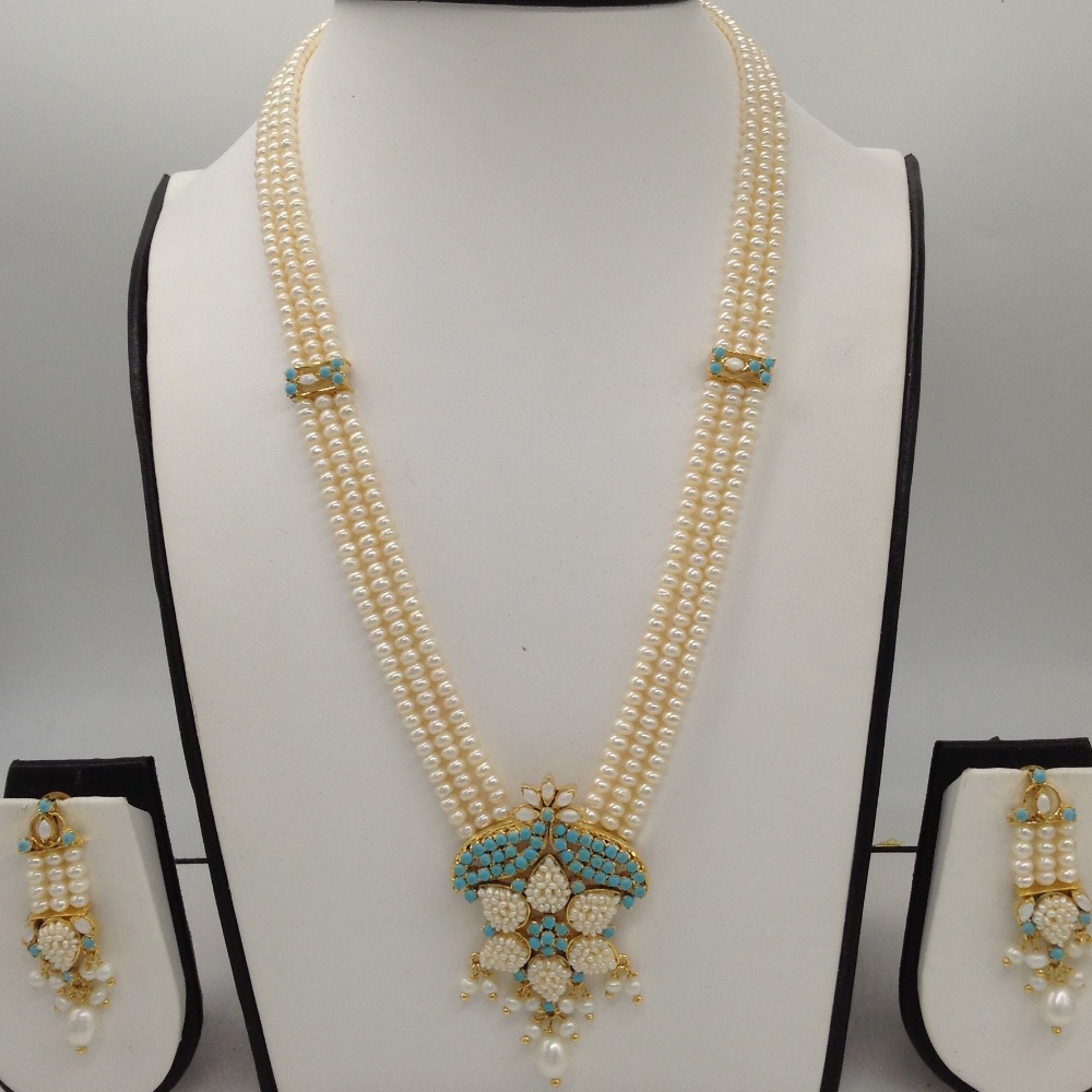 Turquiose and pearls ranihaar set with 3 lines flat pearls jps0448