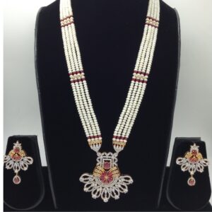 White,red cz rani haar set with 4 lines flat pearls jps0446