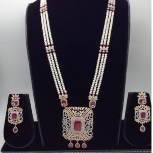 White,red cz ranihaar set with 3 lines flat pearls jps0442
