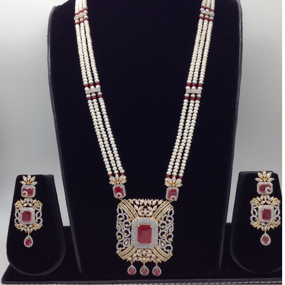 White,red cz ranihaar set with 3 lines flat pearls jps0442