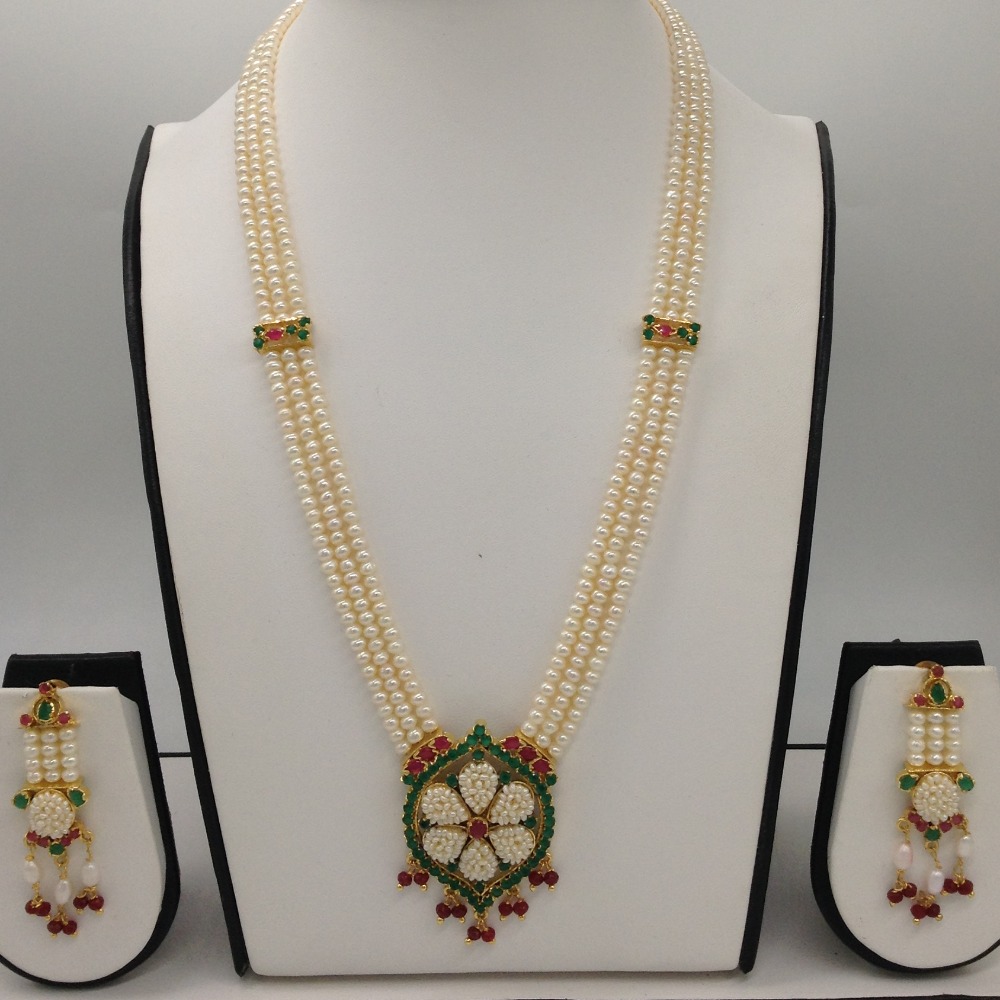 Multicolour CZ rani haar set with 3 lines flat pearls jps0438
