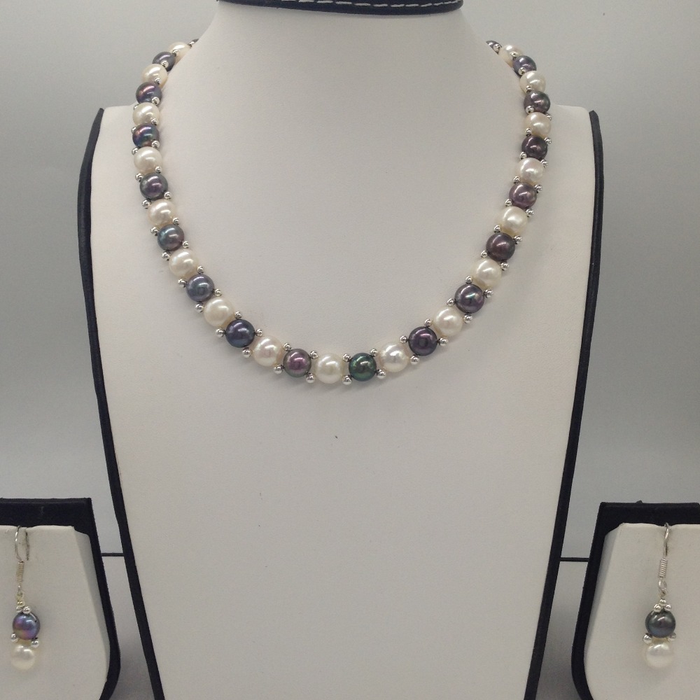 Freshwater White and Black Button Pearls 1 Lines Necklace set JPP1023