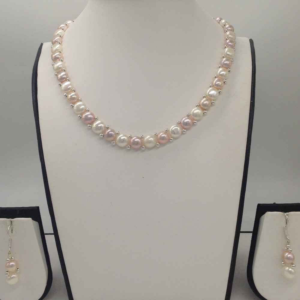 Freshwater White and Pink Button Pearls 1 Lines Necklace set JPP1022