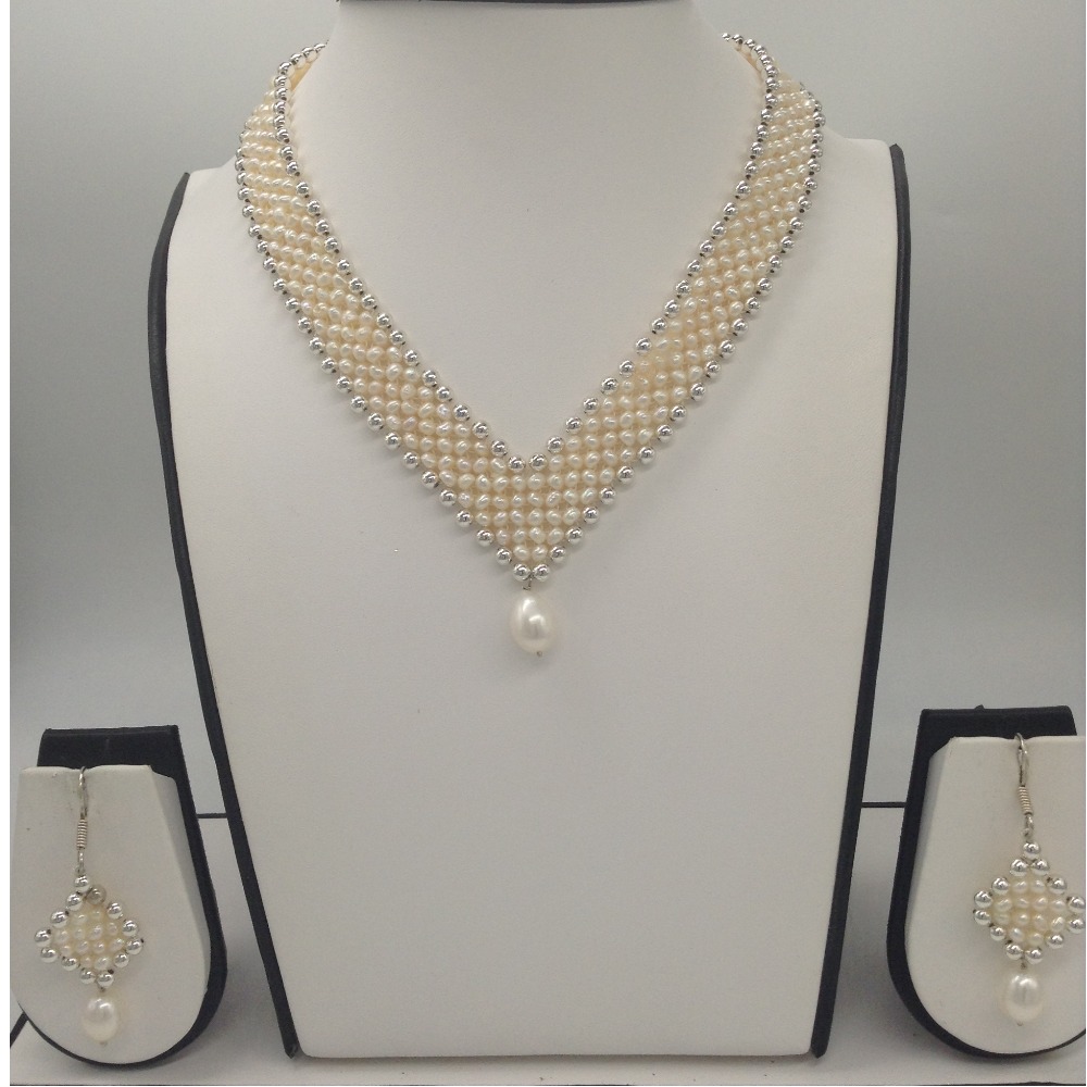 Freshwater white seed pearls "v" jaali necklace set jpp1029
