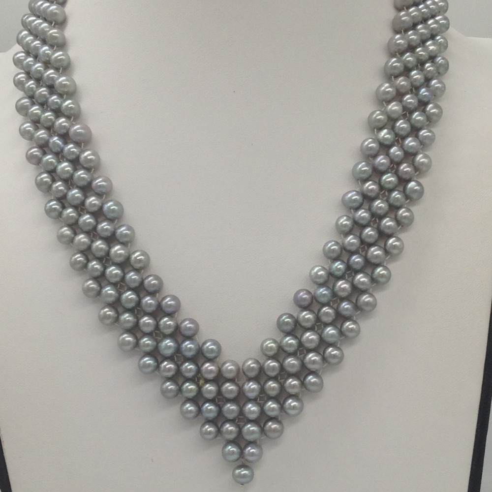 Freshwater grey round pearls "v" jaali necklace set jpp1030