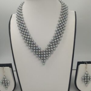 Freshwater grey round pearls "v" jaali necklace set jpp1030