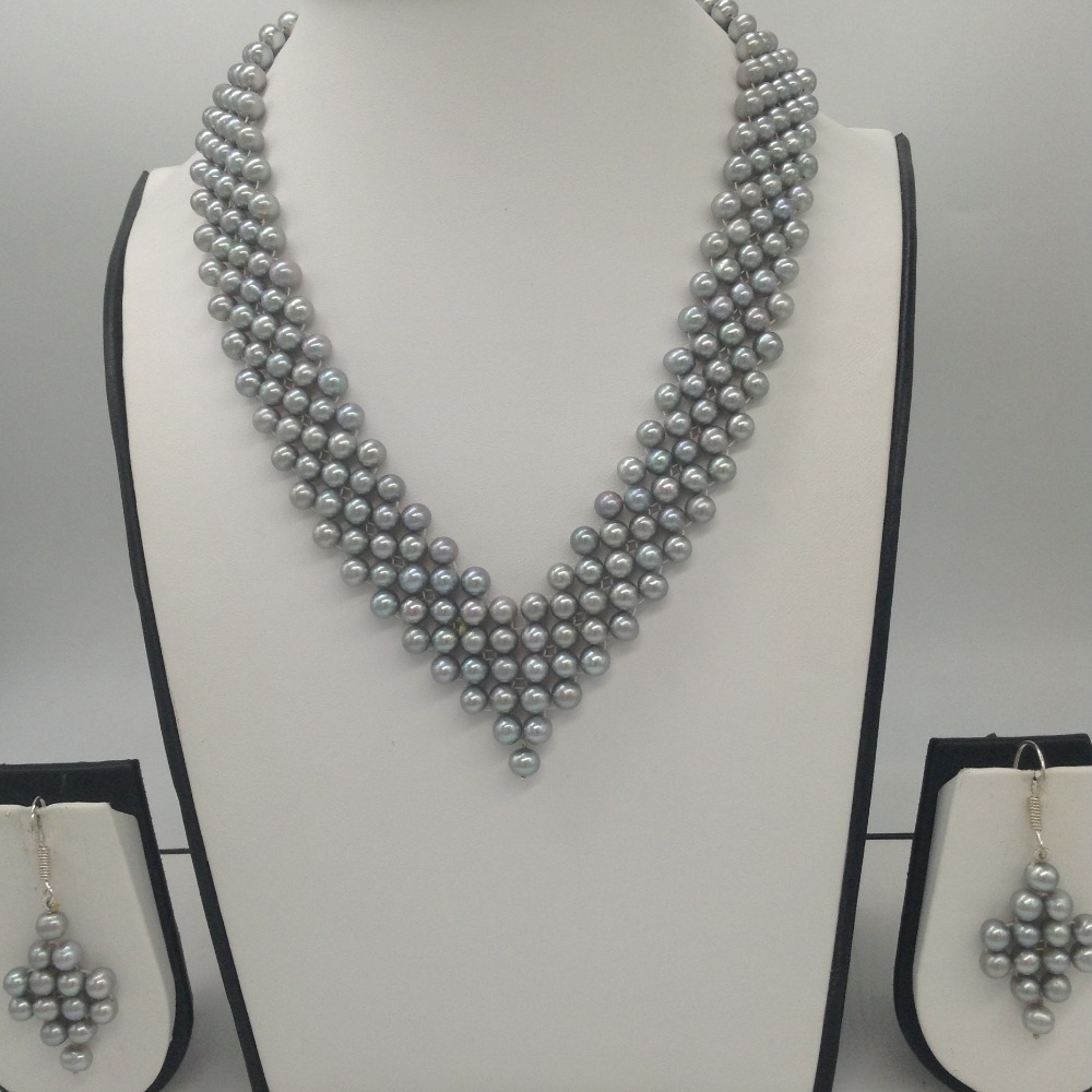 Freshwater grey round pearls "v" jaali necklace set jpp1030