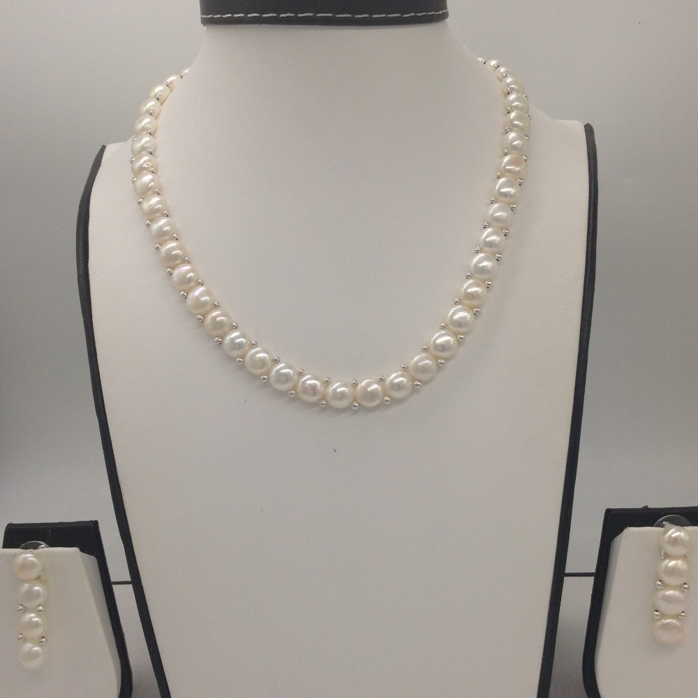 Freshwater white button pearls 1 lines necklace set jpp1020