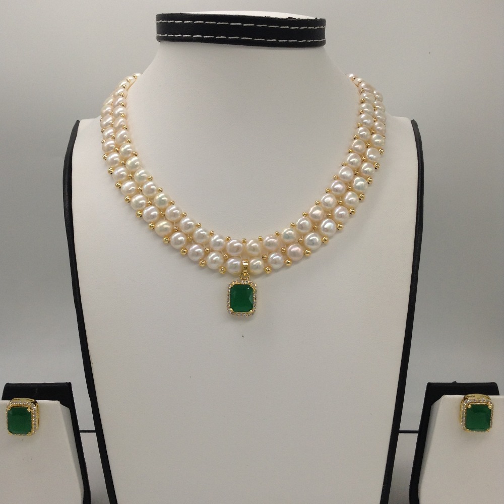 White,Green cz pendent set with 2 line button pearls jps0388