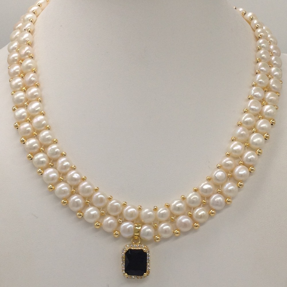 White,green cz pendent set with 2 line button jali pearls jps0389 - Image 2