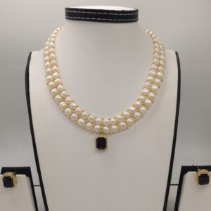 White,green cz pendent set with 2 line button jali pearls jps0389