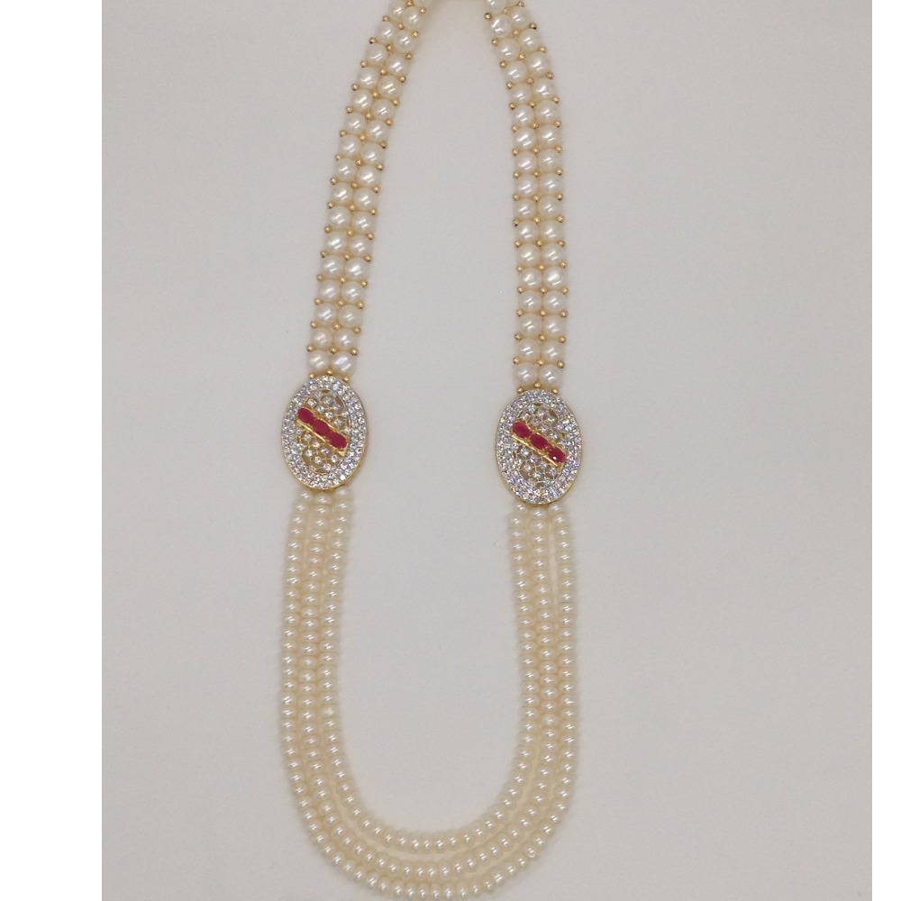 Red And White CZ Broach Set With 2 Line Button Jali And 3 Line Flat Pearls Mala JPS0357 - Image 4
