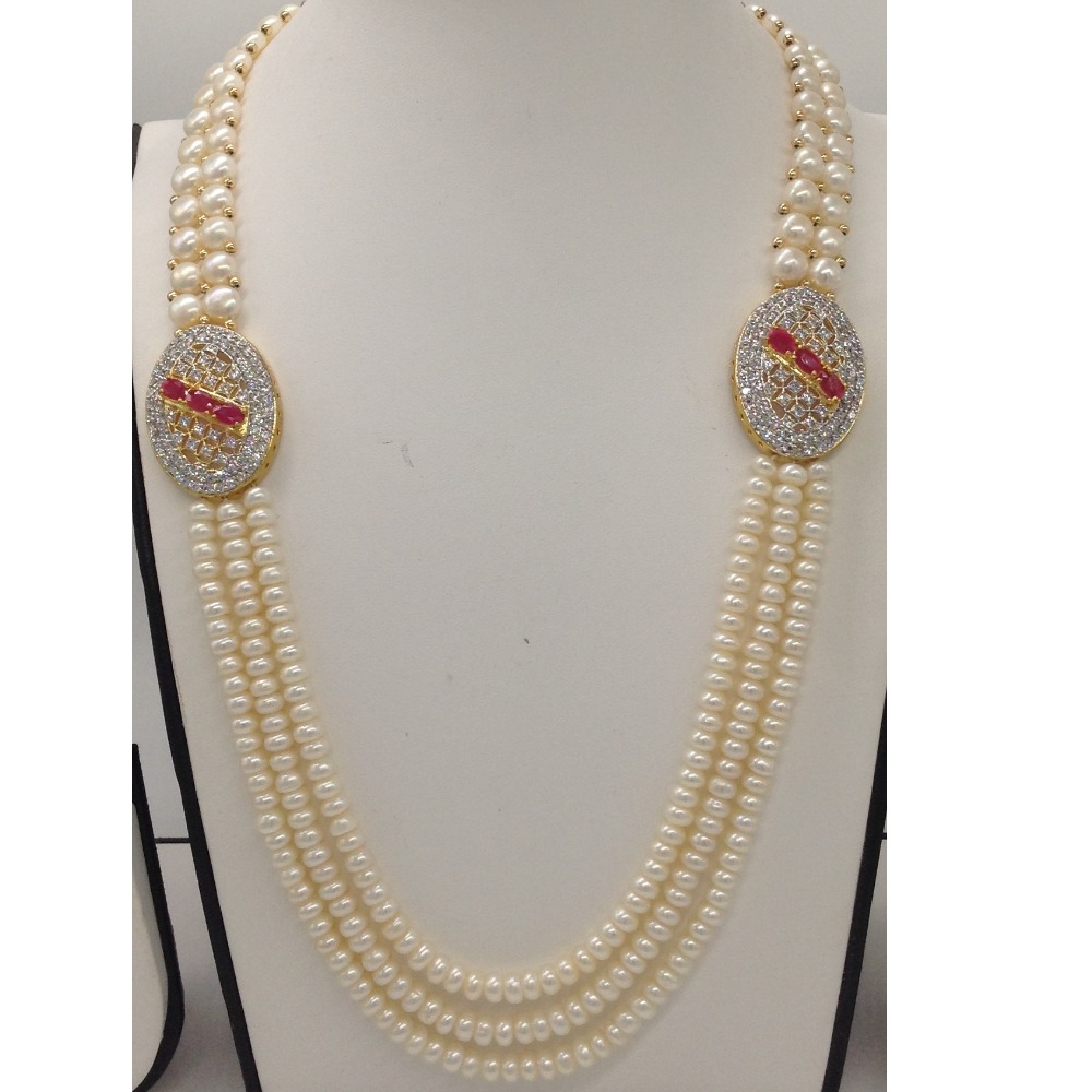 Red And White CZ Broach Set With 2 Line Button Jali And 3 Line Flat Pearls Mala JPS0357 - Image 2