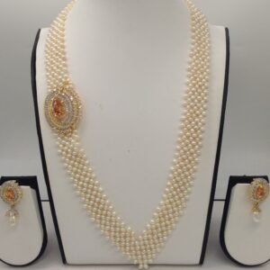 White And Golden CZ Broach Set With Seed "V" Jali Pearls Mala JPS0370