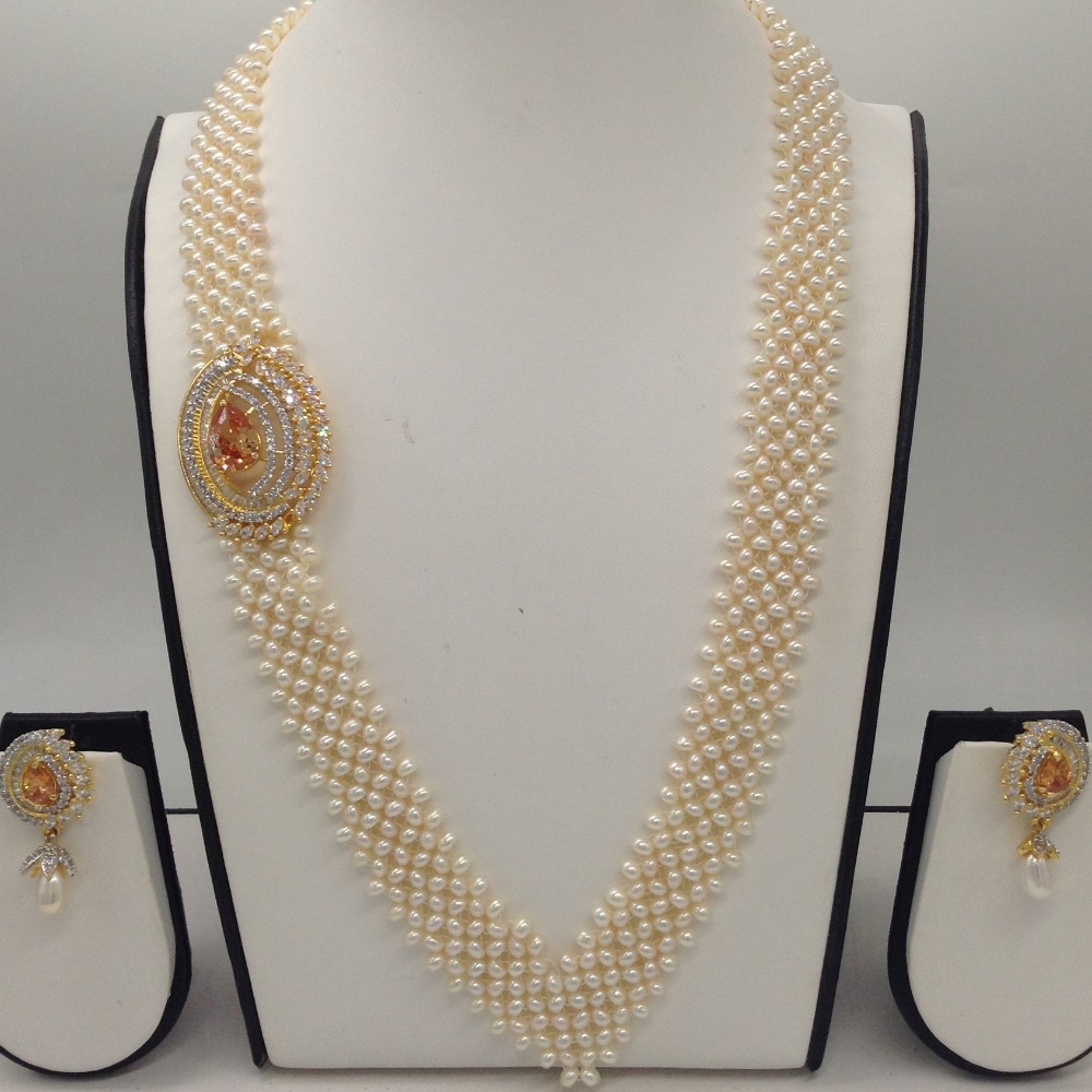 White And Golden CZ Broach Set With Seed "V" Jali Pearls Mala JPS0370