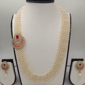 White And Red CZ Broach Set With Seed "U" Jali Pearls Mala JPS0373