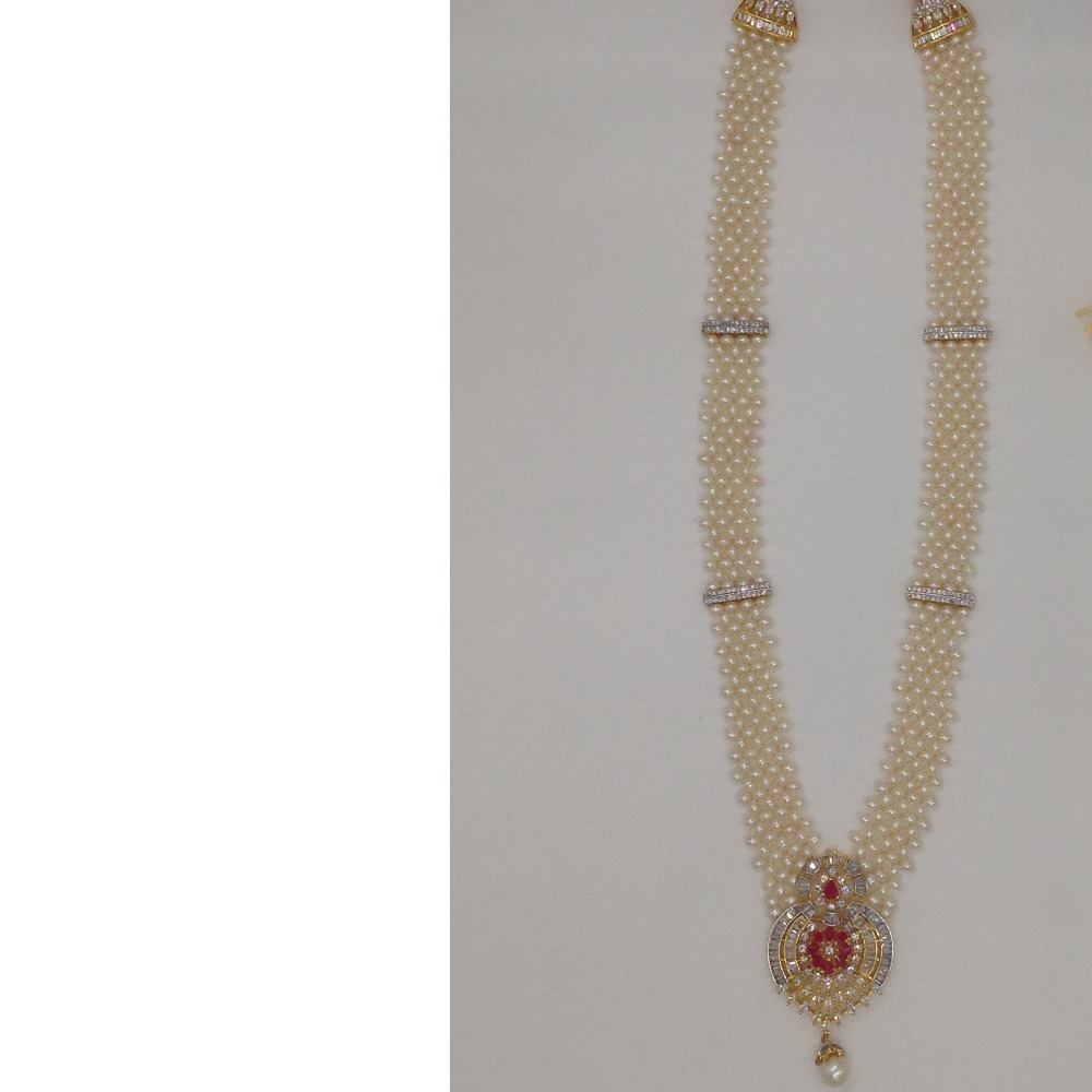 White and red cz rani haar set with seed jali pearls mala jps0374 - Image 4