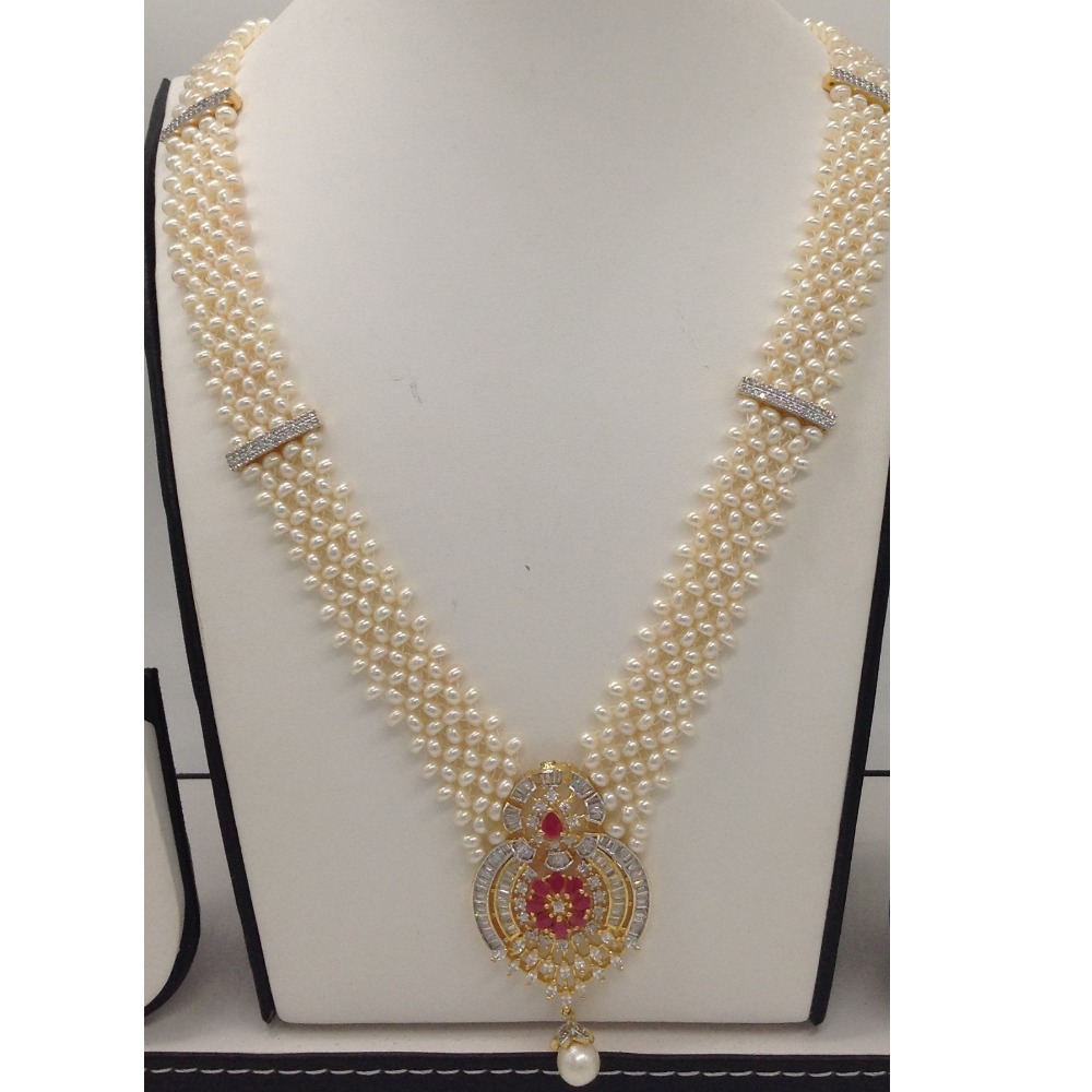White and red cz rani haar set with seed jali pearls mala jps0374 - Image 2