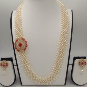 White And Red CZ Broach Set With Seed "U" Jali Pearls Mala JPS0372